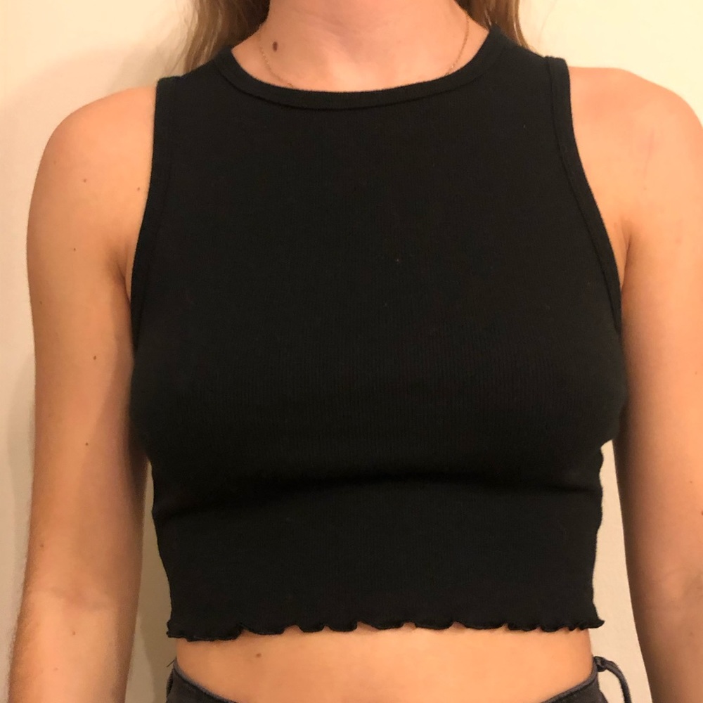 Black high neck tank top.